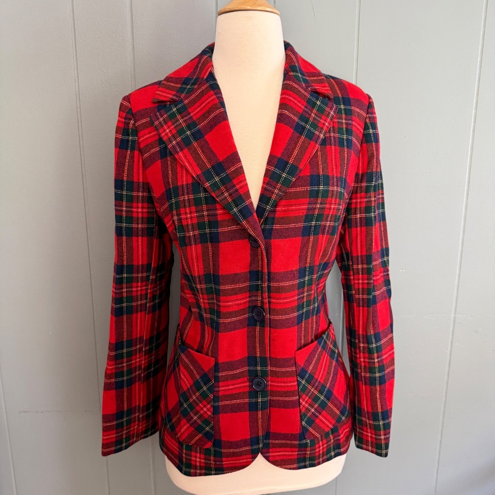 Pendleton Vintage Red Tartan Plaid Wool Blazer Women Dark Academia 10/12